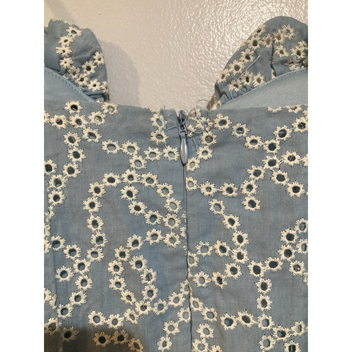 Rue21 Light Blue Eyelet Ruffle Tie Waist Mini Dress Size XS Sundress Baby Blue