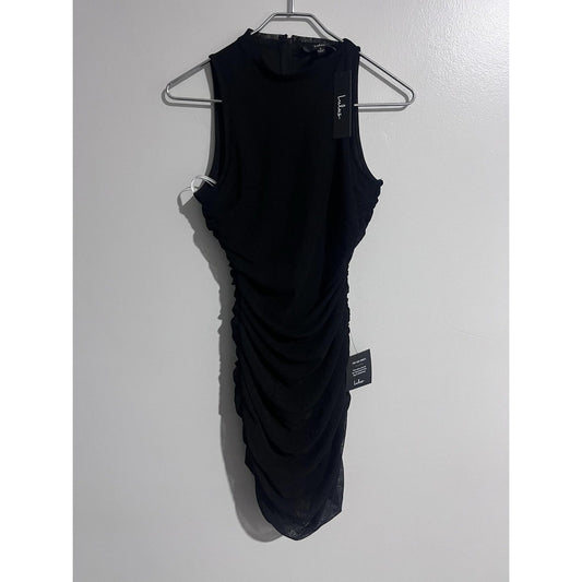 Lulus Dress Womens S Black Bodycon Knee Length High Neck Ruched Mesh Sleeveless