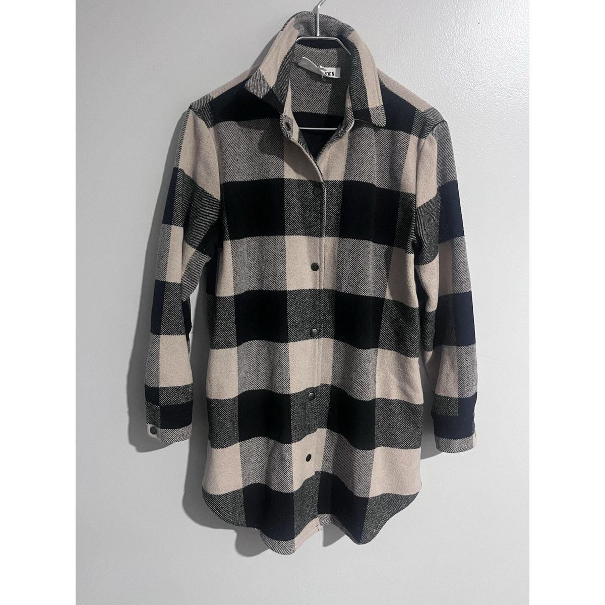 STEVE MADDEN Jacket Womens S Beige Check Tweed Collared Pockets Snap Mid-Length