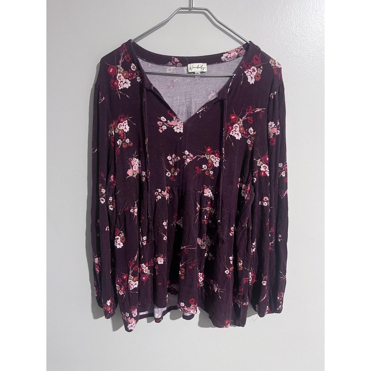 Wonderly Dress Womens 1X Purple Trapeze Swing Short V-Neck Floral Tasseled