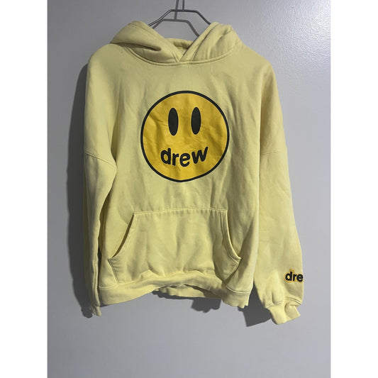 Drew House Hoodie Mens L Yellow Pullover Graphic Smiley Face Logo Front Print