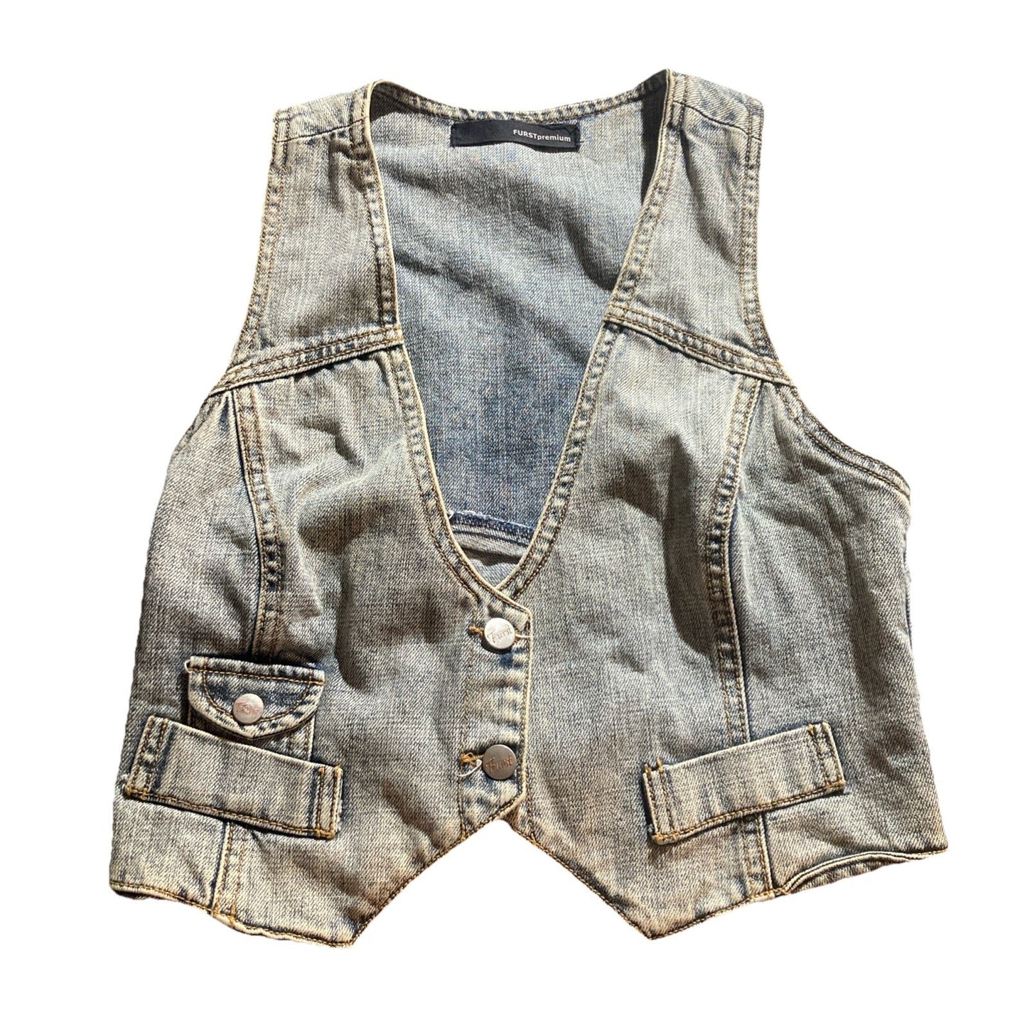 Grunge Y2K Furst Premium Denim Vest Button Front Size 10 Utility Cargo Style