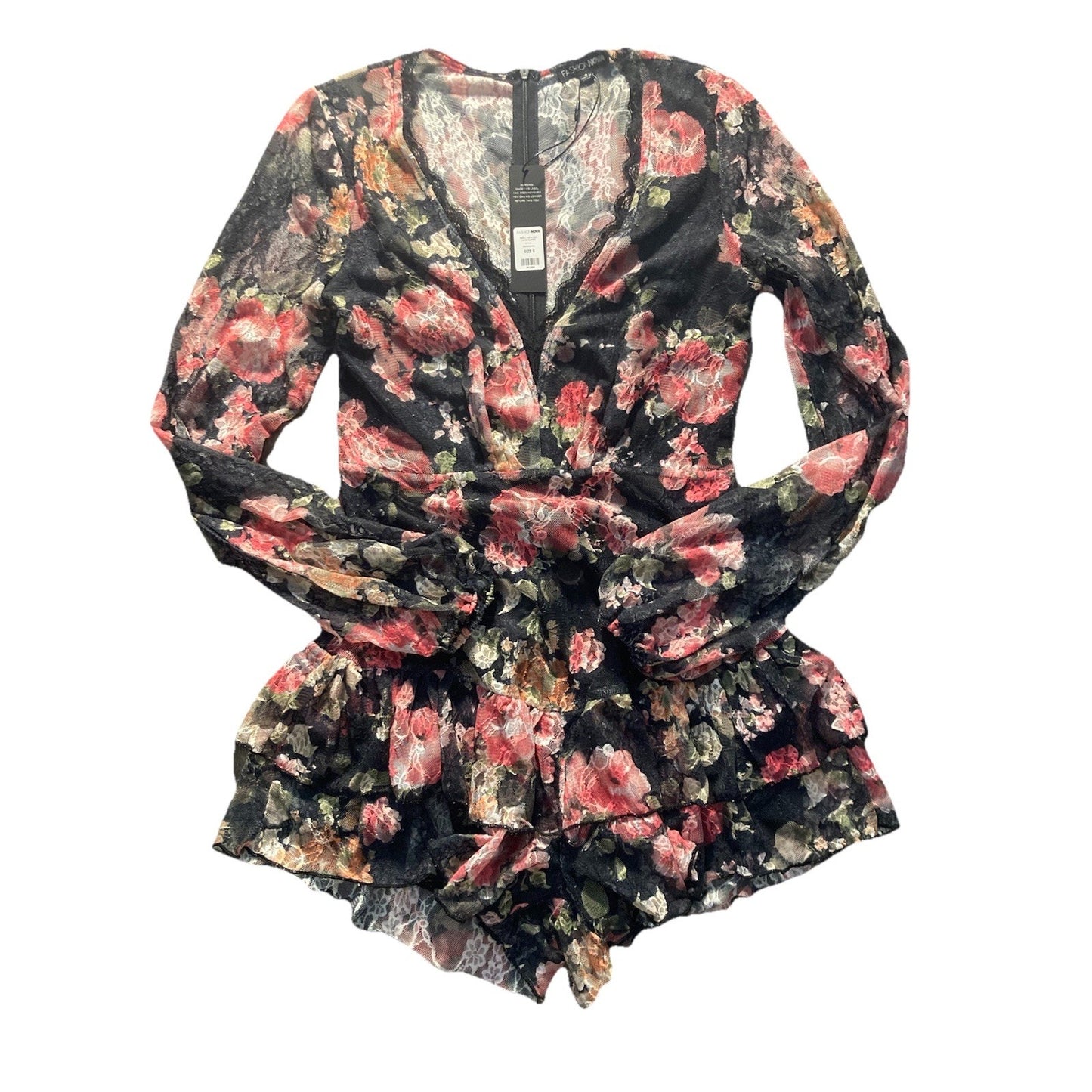 Fashion Nova Bell Sleeve Floral Ruffle Lace Romper Size S NWT