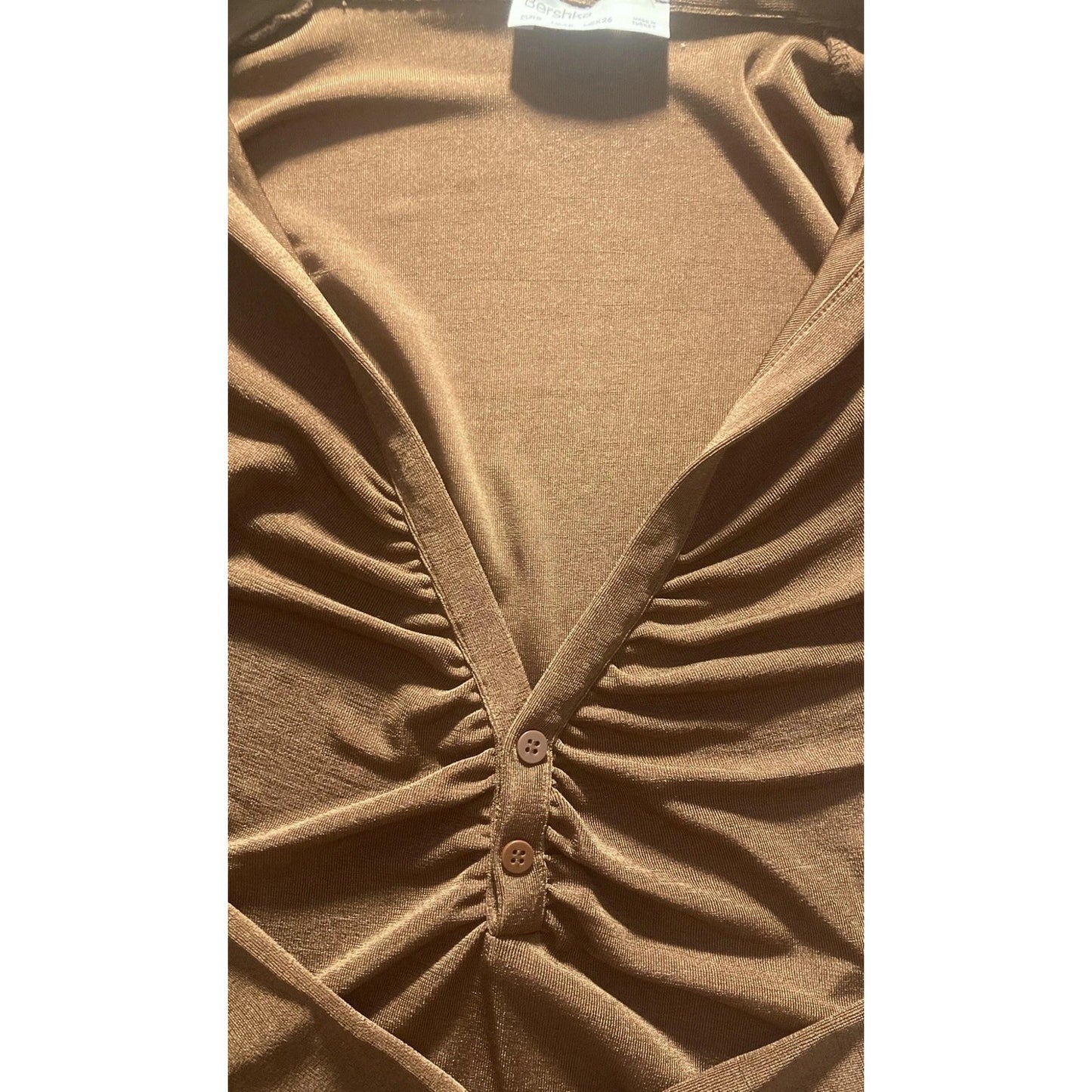 Bershka Bodysuit Womens S Brown Long Sleeve Ruched V Neck Snap Crotch Stretch