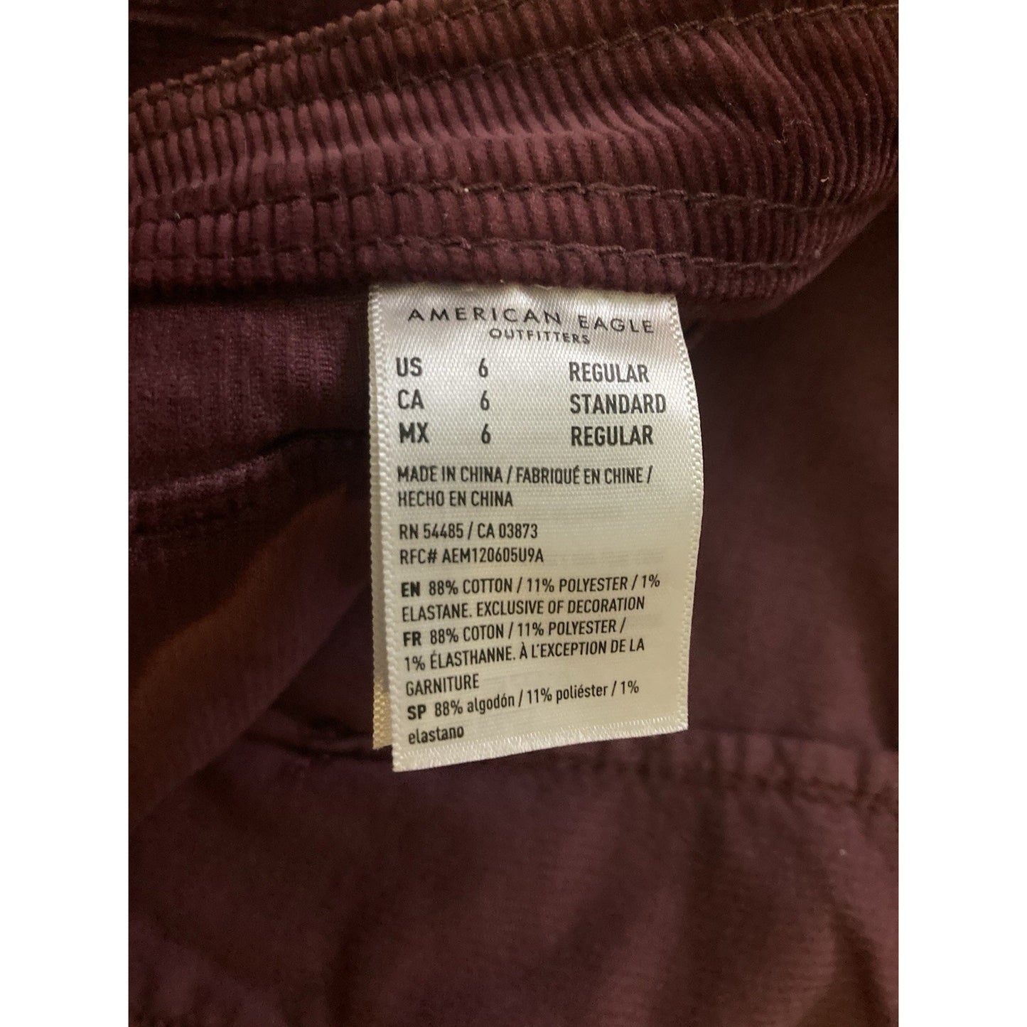 American Eagle Womens Y2K Burgundy Corduroy Jegging Pants Super Stretch Size 6