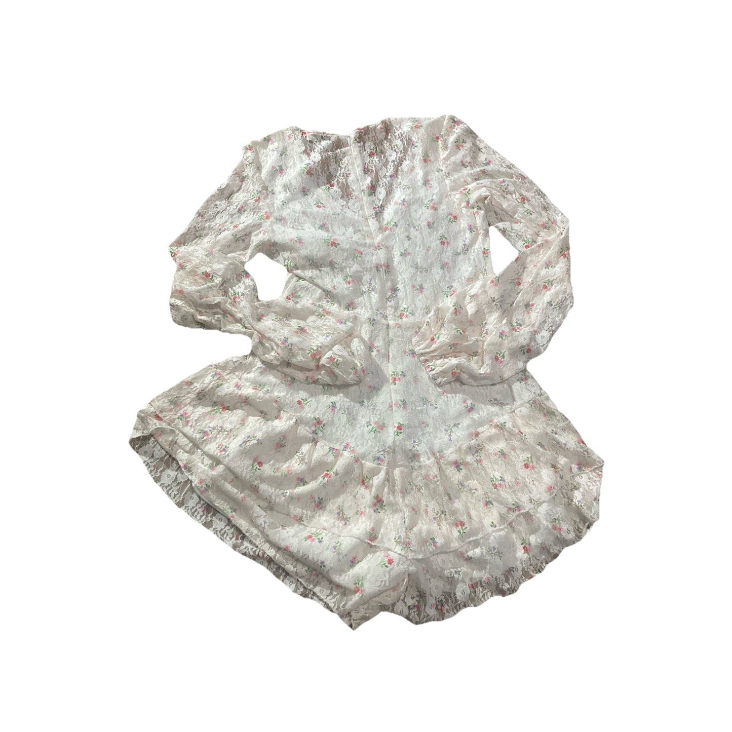 Fashion Nova Sz S White White Multicolor Floral Long Sleeve Ruffle Romper Lace