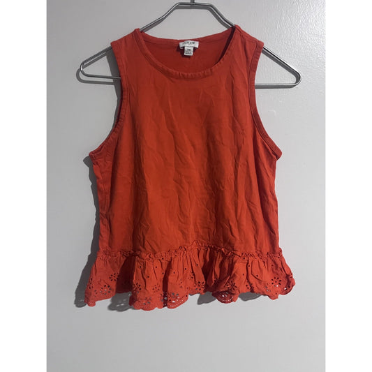 J.CREW Tank Sleeveless Womens XS Orange Ruffle Eyelet Hem Crew Neck 100% Cotton