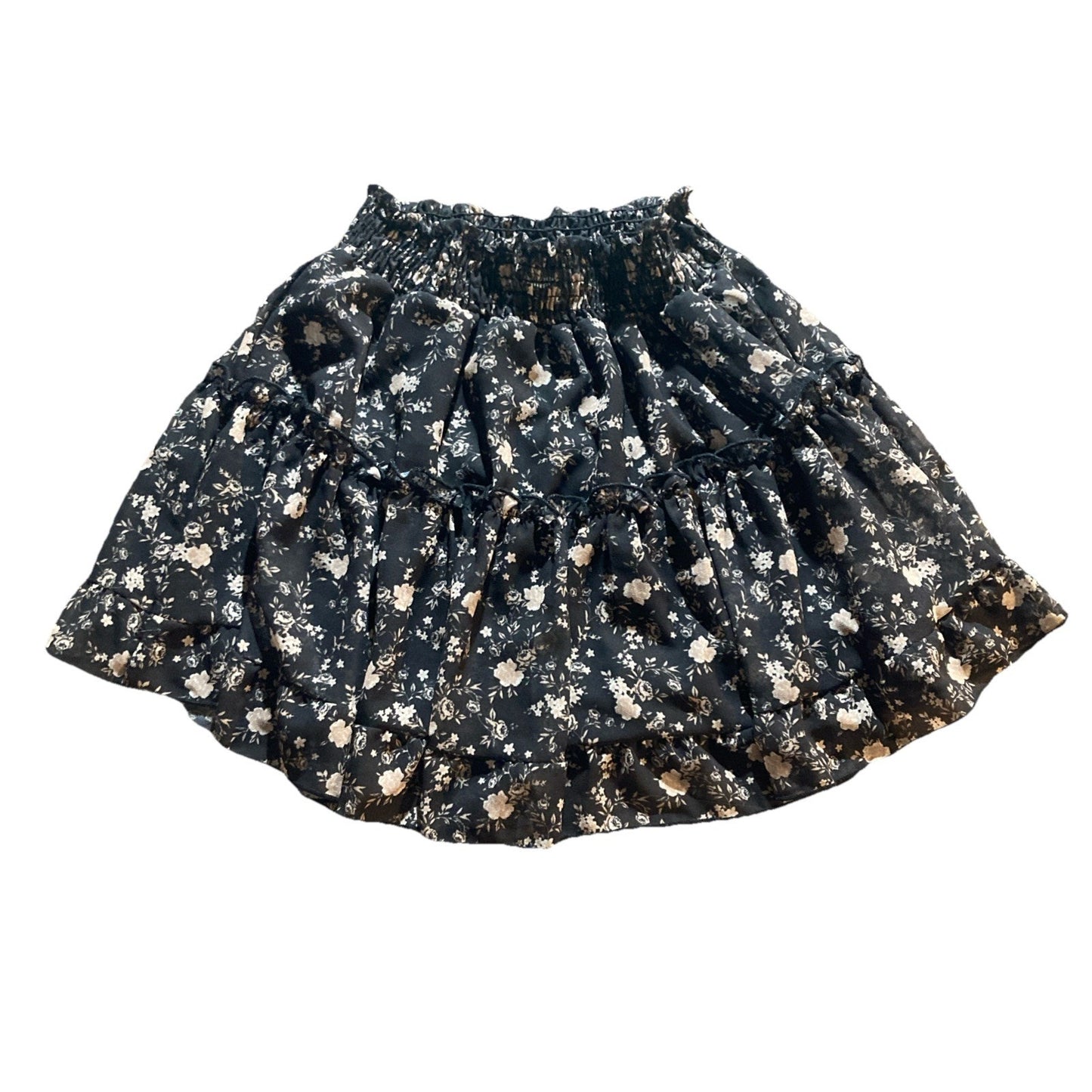 Altar’d State Skirt Women's Size Small Black Beige Floral Lined Ruffled Cinch