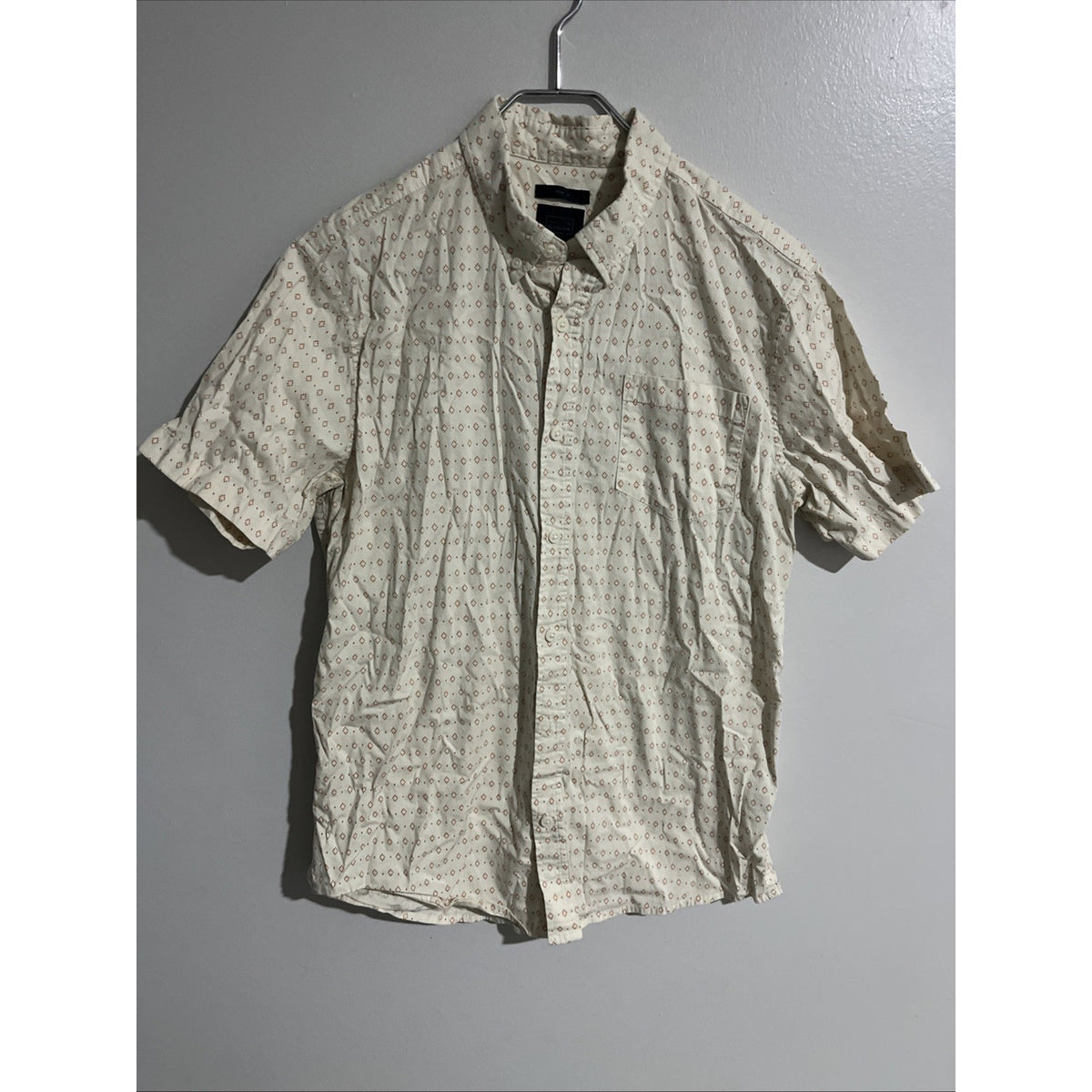 14th and Union Button Up Shirt Large Men's Short Sleeve 70s Style beige Trim Fit