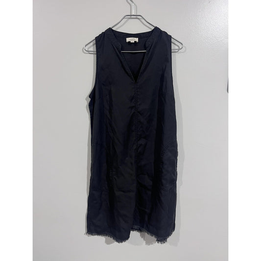 LOFT Outlet Dress Womens M Black V-Neck Shift Knee Length Pockets Fringe