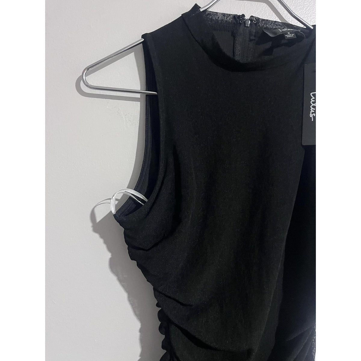 Lulus Dress Womens S Black Bodycon Knee Length High Neck Ruched Mesh Sleeveless