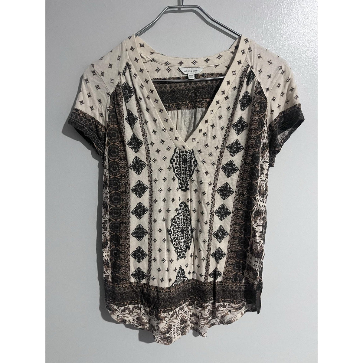Lucky Brand Blouse Womens M Beige Tunic V-Neck Geometric Lightweight