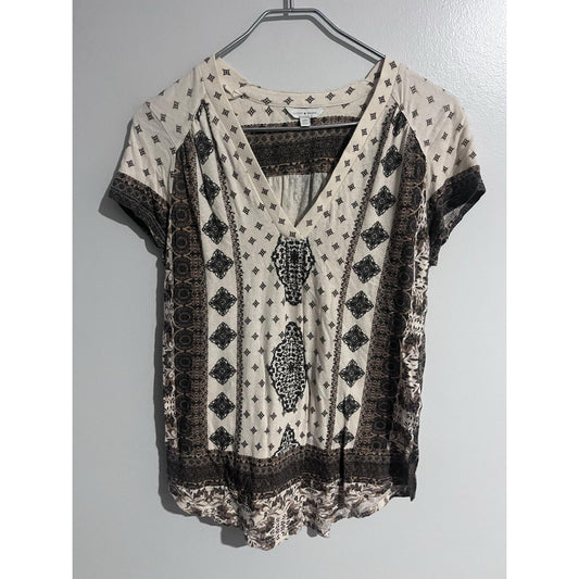 Lucky Brand Blouse Womens M Beige Tunic V-Neck Geometric Lightweight