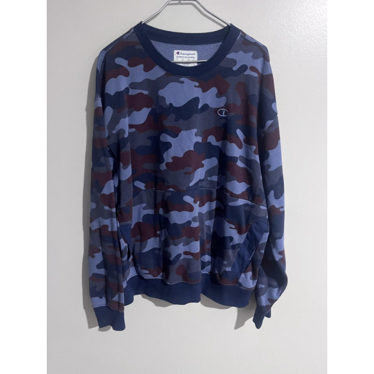 Champion Sweatshirt Mens L Blue Camouflage Pullover Fleece Pockets Logo