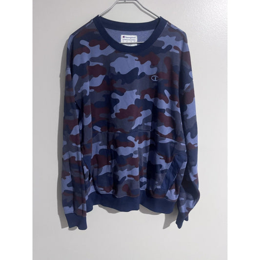 Champion Sweatshirt Mens L Blue Camouflage Pullover Fleece Pockets Logo