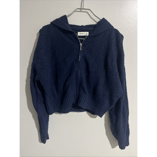 Hollister Zip Up Sweater Women’s XXS Comfy Cloud Cable-Knit Hoodie Navy Blue