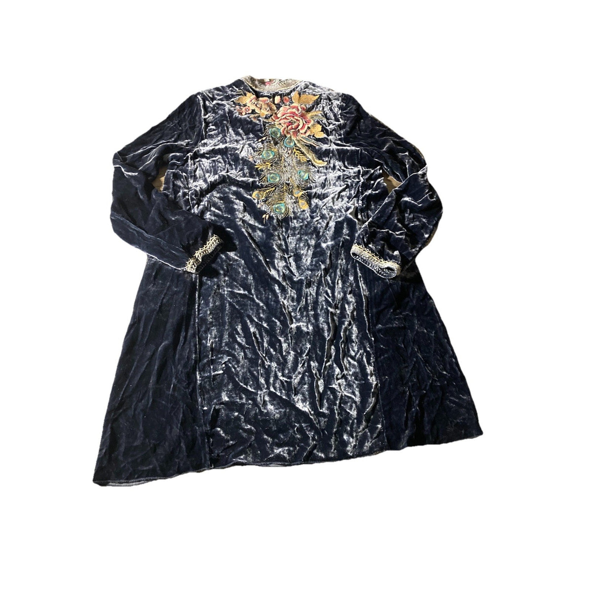 Johnny Was XS Blue Velvet Kimono Mini Dress Peacock Feather Embroidery Soft!