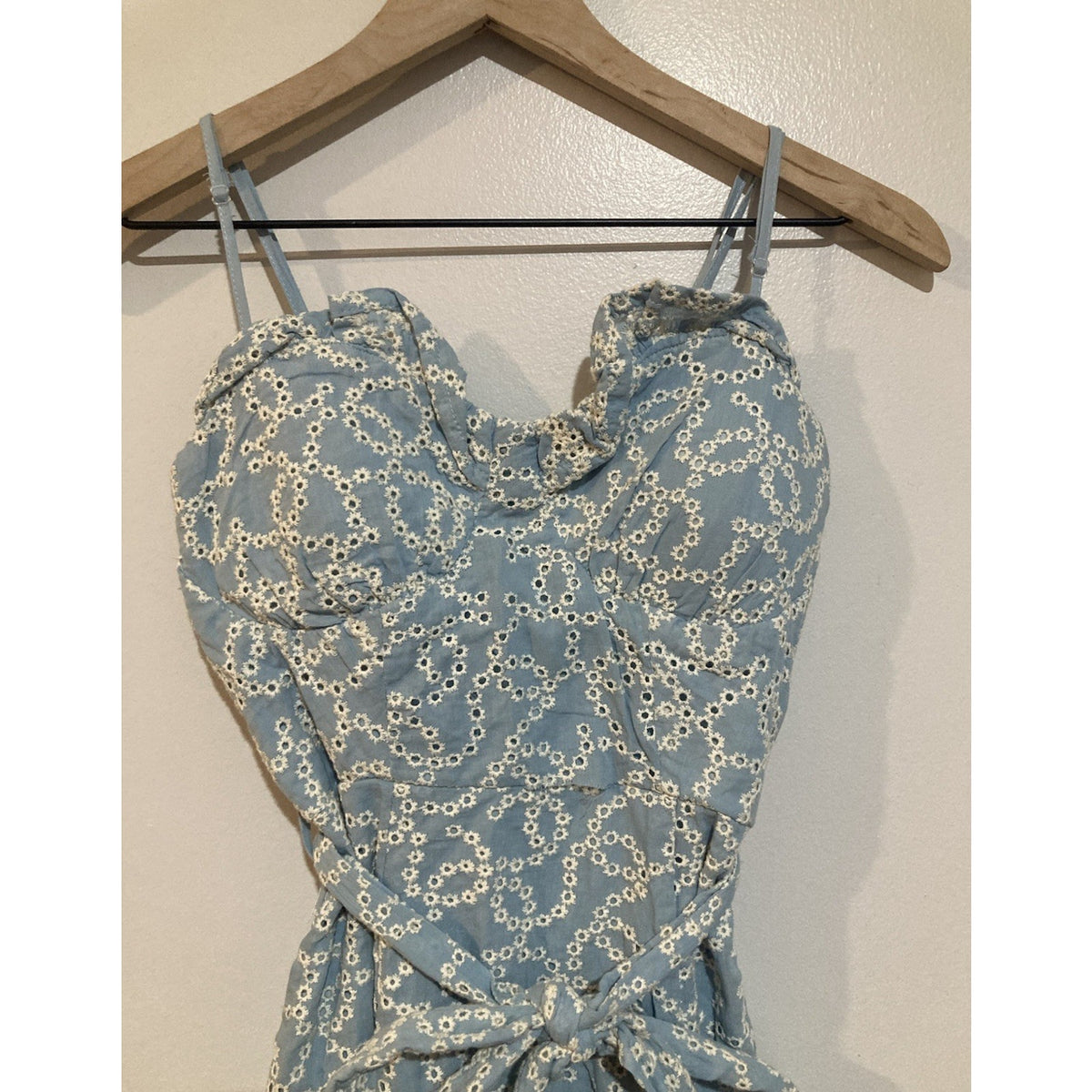 Rue21 Light Blue Eyelet Ruffle Tie Waist Mini Dress Size XS Sundress Baby Blue