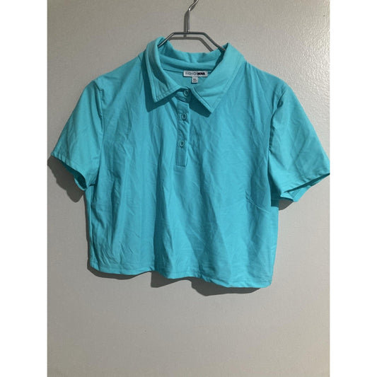 Fashion Nova Polo Womens XL Blue Cropped Collared Short Sleeve Stretch