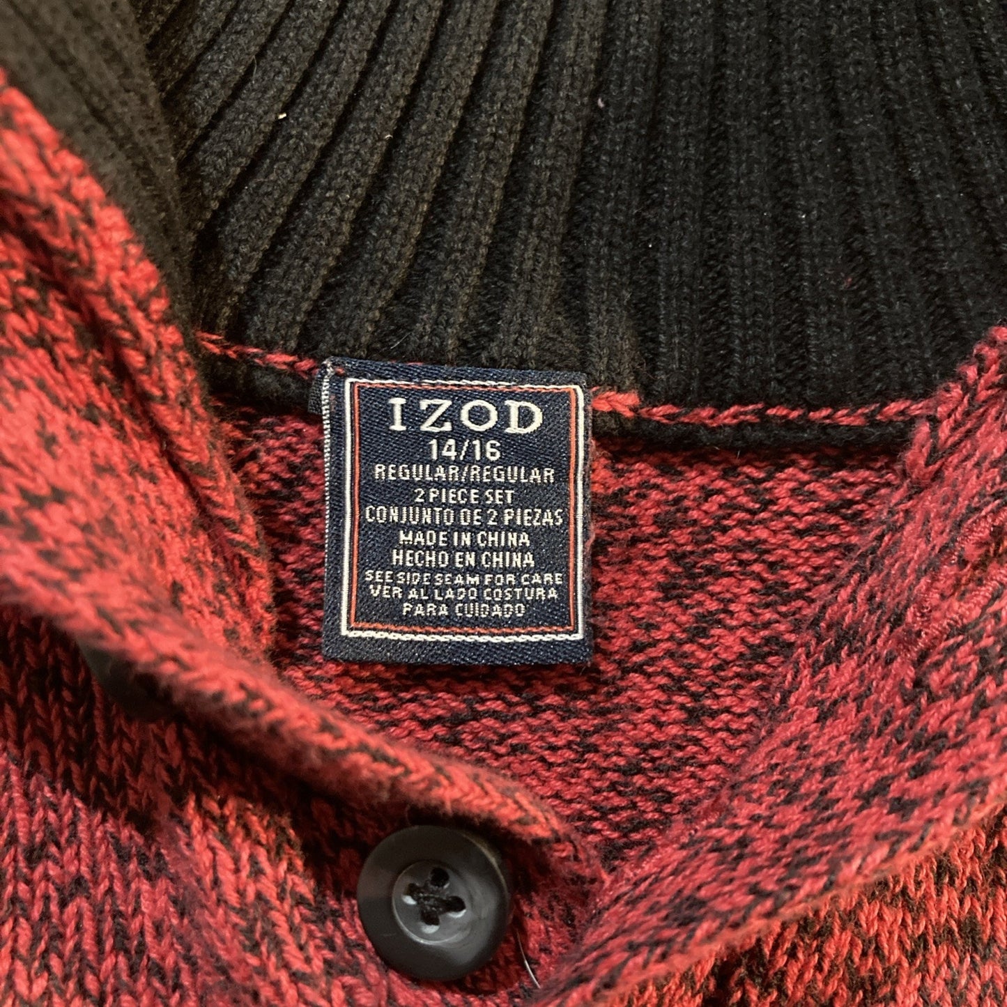 Mock Neck Preppy Izod Youth 14/16 3 Button Sweater Red & Black Long Sleeve