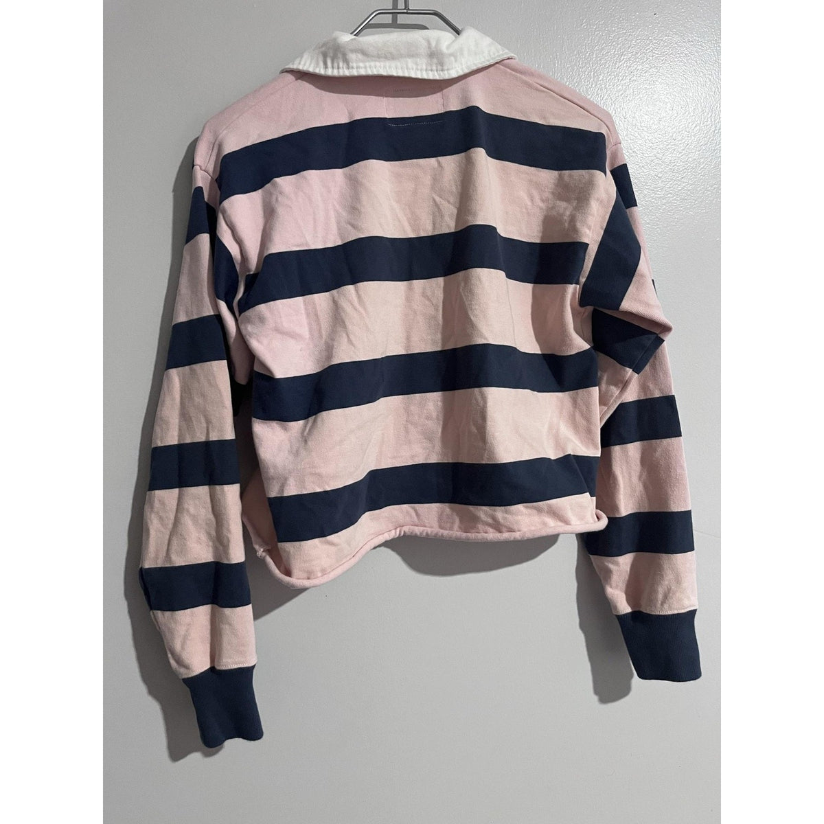 Abercrombie Polo Womens XS Pink Navy Striped Rugby Shirt Long Sleeve Jersey