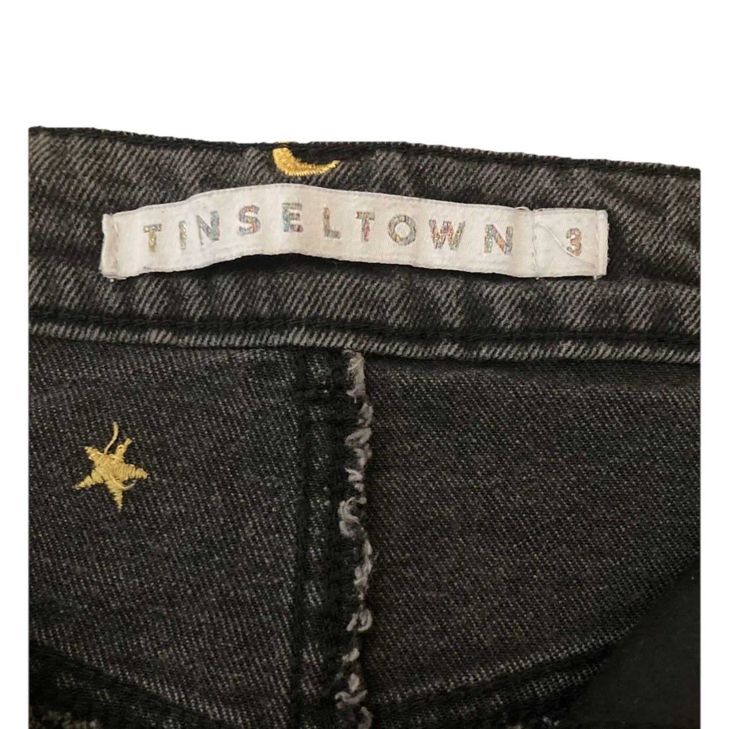 Tinseltown Celestial Moon Star Embroidered Jeans Womens 3 Black Denim Frayed Hem