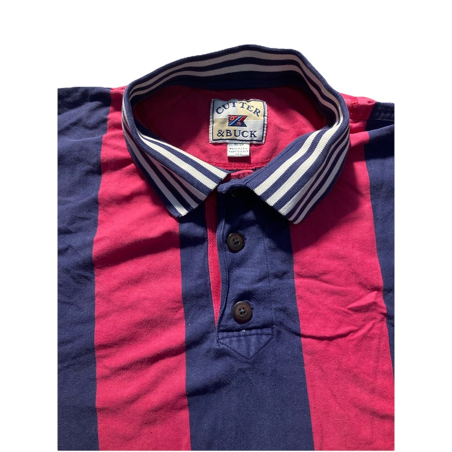 VTG Rugby Shirt Mens 100% Cotton Stripe XL Blue Red Made In USA Cutter And Buck