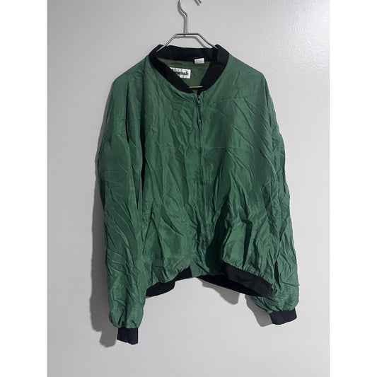 Germinate Windbreaker Zip Up Jacket Size XL 100% Silk Pine Green Shoulder Pads