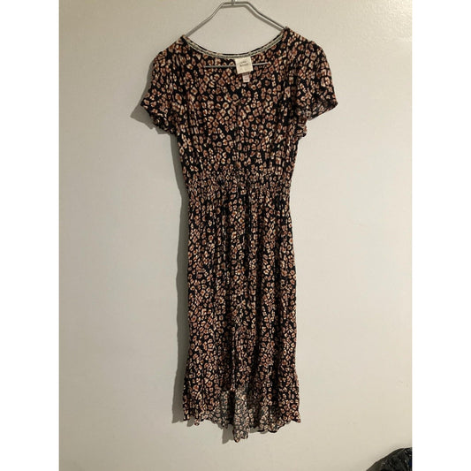 Knox Rose Dress Womens S Black Floral Smocked Button V-Neck Midi Flutter Sleeve