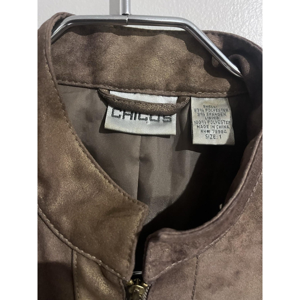 Chico's Jacket Womens 1 Brown Quilted Microfiber Lined Zip Pockets Collared