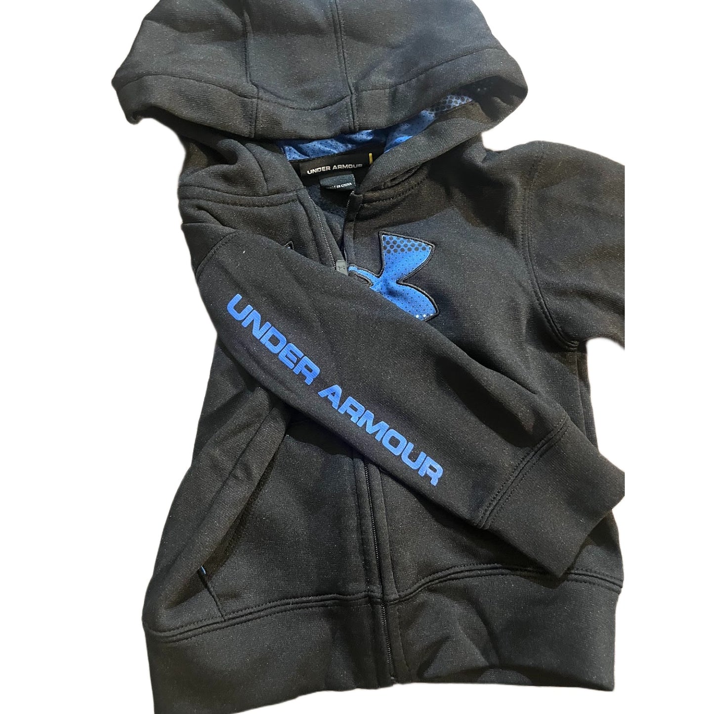 Boy's Under Armour UA Full Zip Hooded Jacket Size 18m Black and Blue Side Hit