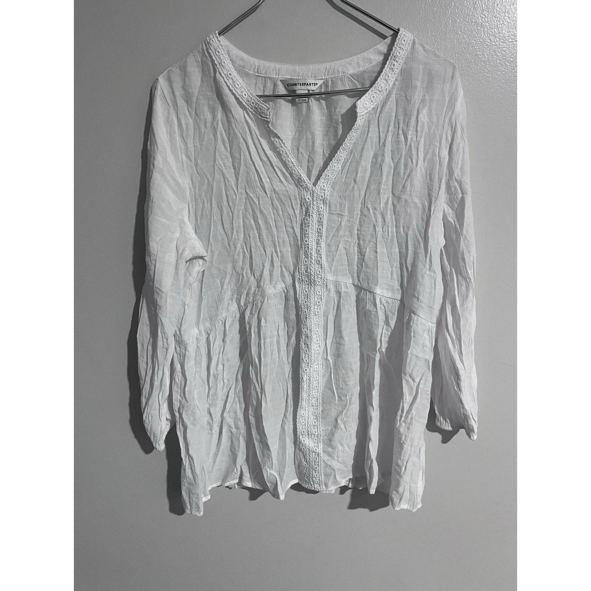 Counterparts Blouse Womens L White Tunic V-Neck Crochet Lightweight Boho Rayon