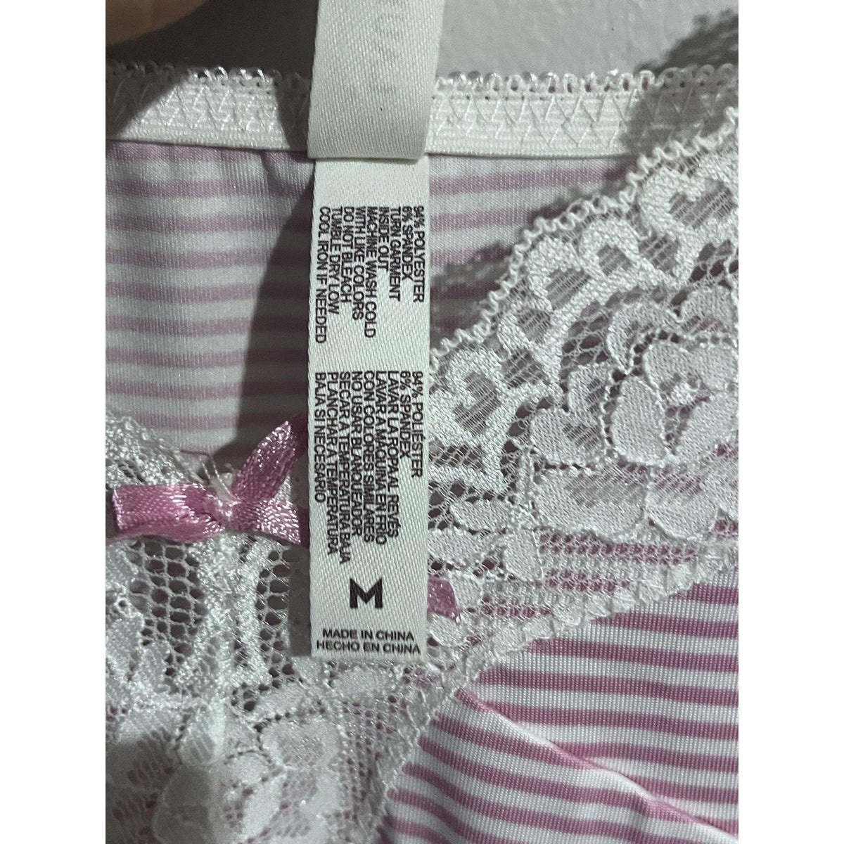 Laura Ashley Gown Chemise Womens M Pink Striped V-Neck Lace Trim Bow Leg Slit
