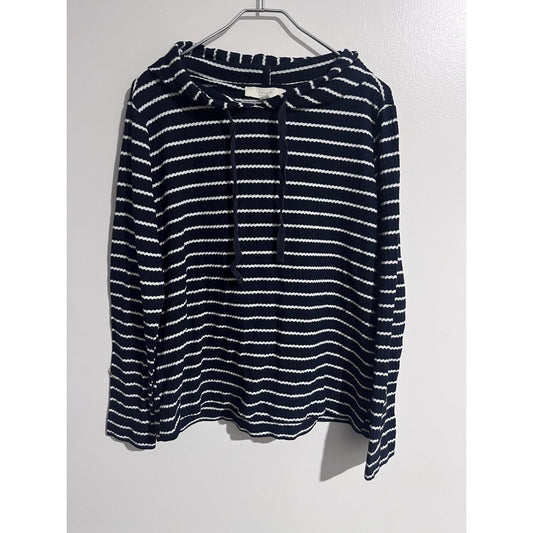 LOFT Sweater Womens L Blue Striped Waffle-Knit Hooded Crew Neck Lightweight