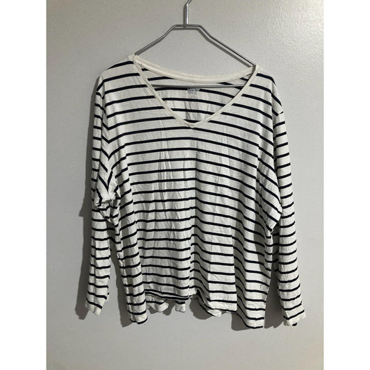 Lands' End T-Shirt Womens L White Striped V-Neck Long Sleeve Lightweight