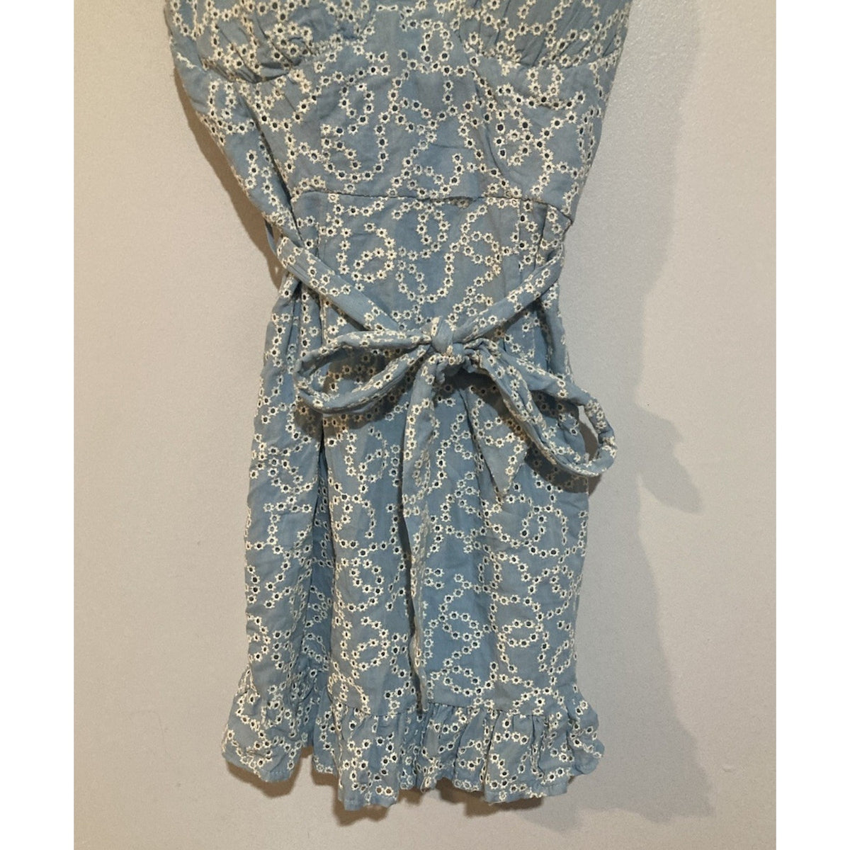 Rue21 Light Blue Eyelet Ruffle Tie Waist Mini Dress Size XS Sundress Baby Blue