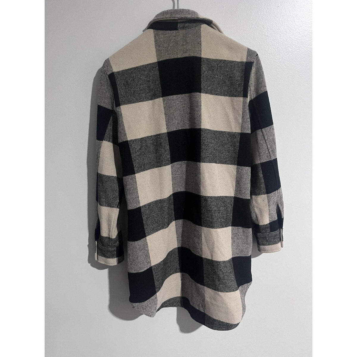 STEVE MADDEN Jacket Womens S Beige Check Tweed Collared Pockets Snap Mid-Length