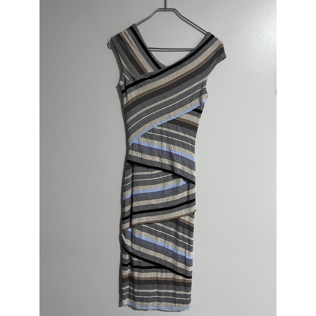 Bailey 44 Dress Womens XS Beige Striped Wrap Asymmetric Sleeveless Jersey