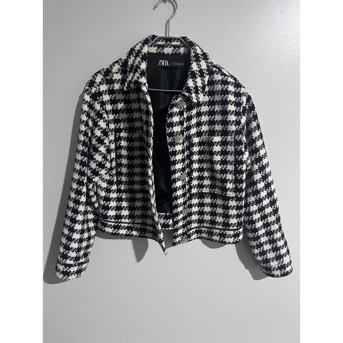 ZARA Jacket Womens S Black Tweed Check Rhinestone Button Collared Pockets