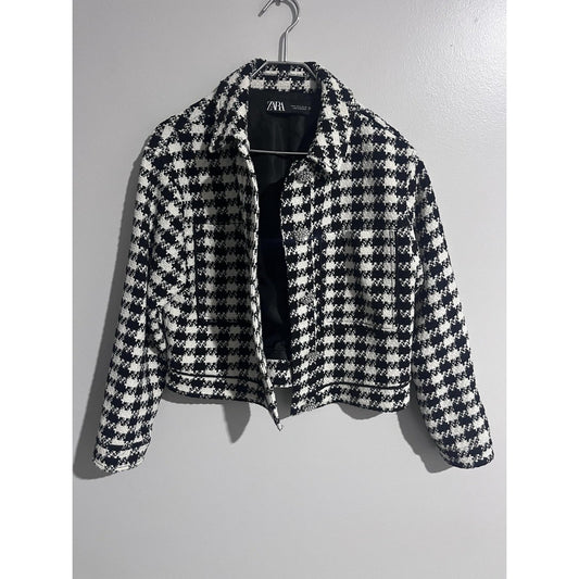 ZARA Jacket Womens S Black Tweed Check Rhinestone Button Collared Pockets