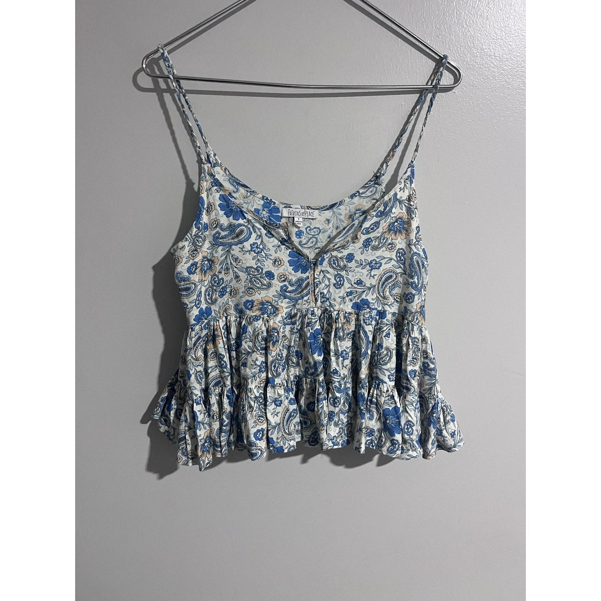 Patrons Of Peace Tank Womens S Blue Camisole Floral Ruffle Lightweight