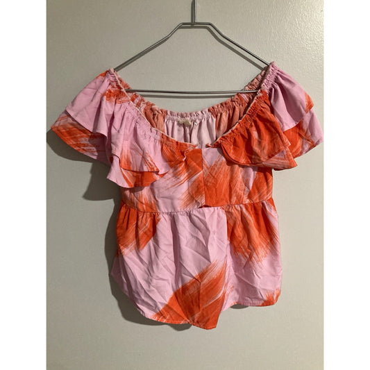 Entro M Medium Blouse Ruffle Stretch Sleeves Peplum Blouse Pink Red Ties
