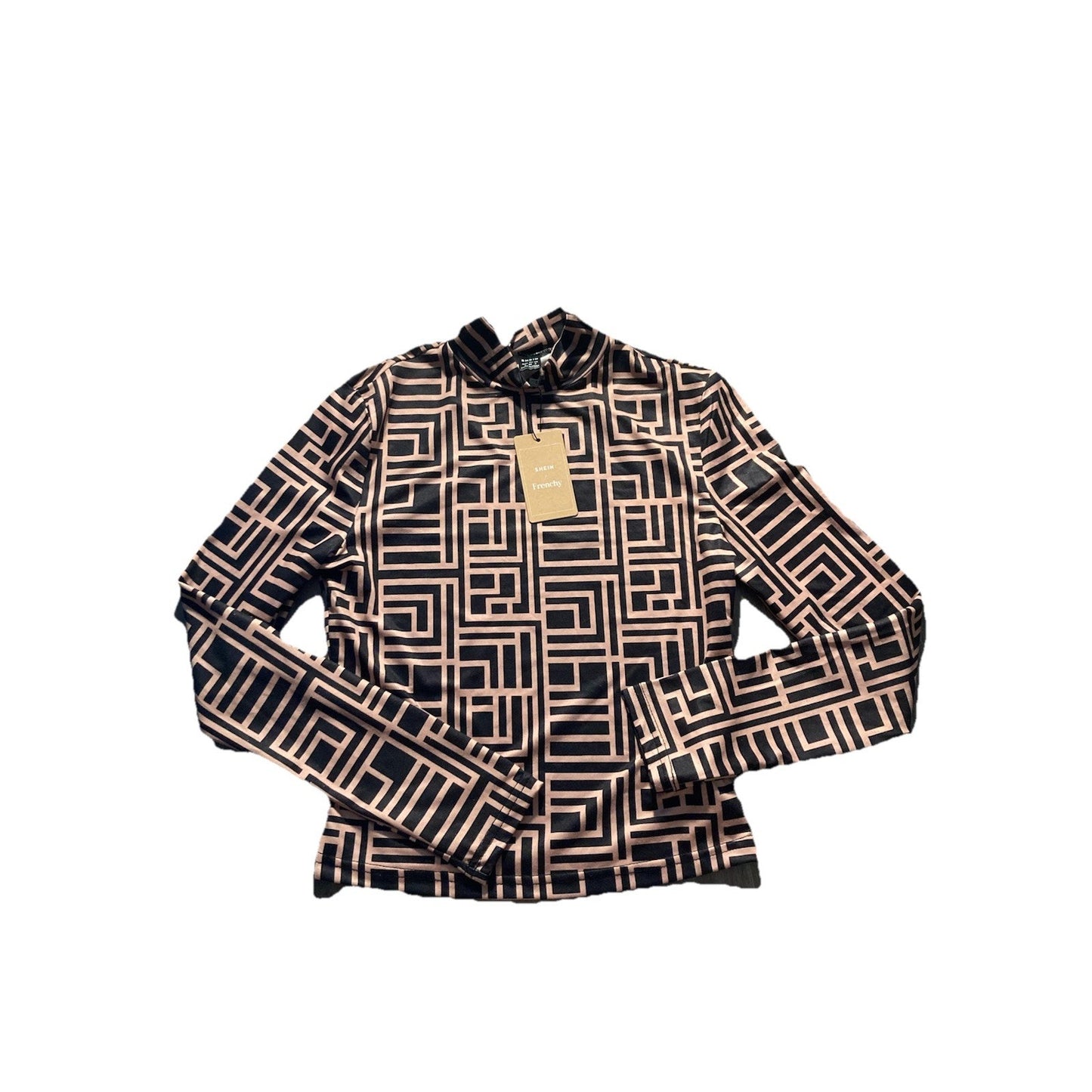 NWT Shein Frenchy Geometric Print Mock Neck Long Sleeve Black Beige Size S