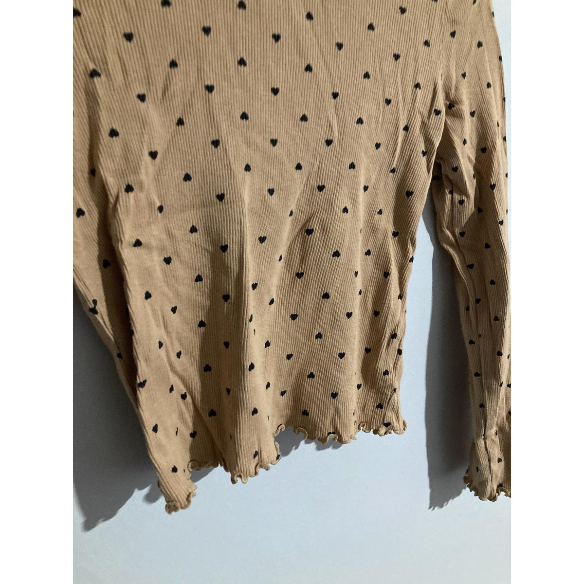 GAP Kids Shirt Girls 10-11 Years Beige Ribbed Long Sleeve Heart Print Ruffle