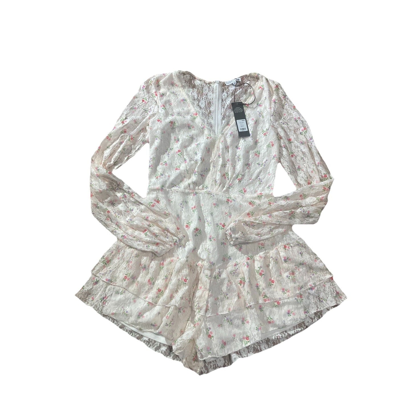 Fashion Nova Sz S White White Multicolor Floral Long Sleeve Ruffle Romper Lace