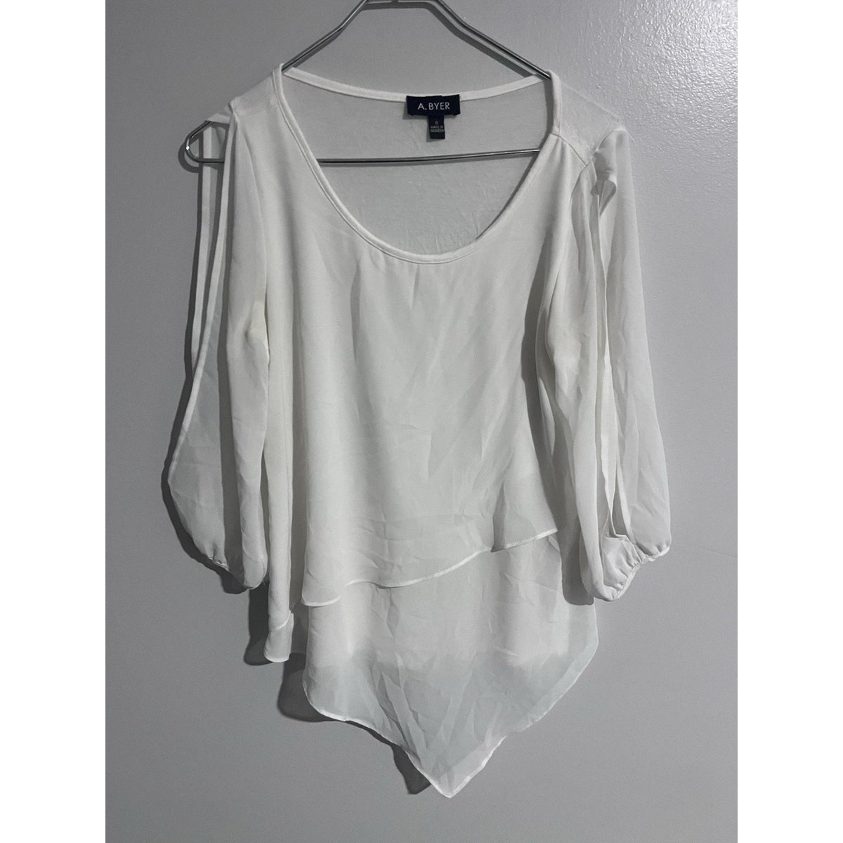 A.BYER Blouse Womens S White Tunic Scoop Neck Chiffon Balloon Sleeve Lined