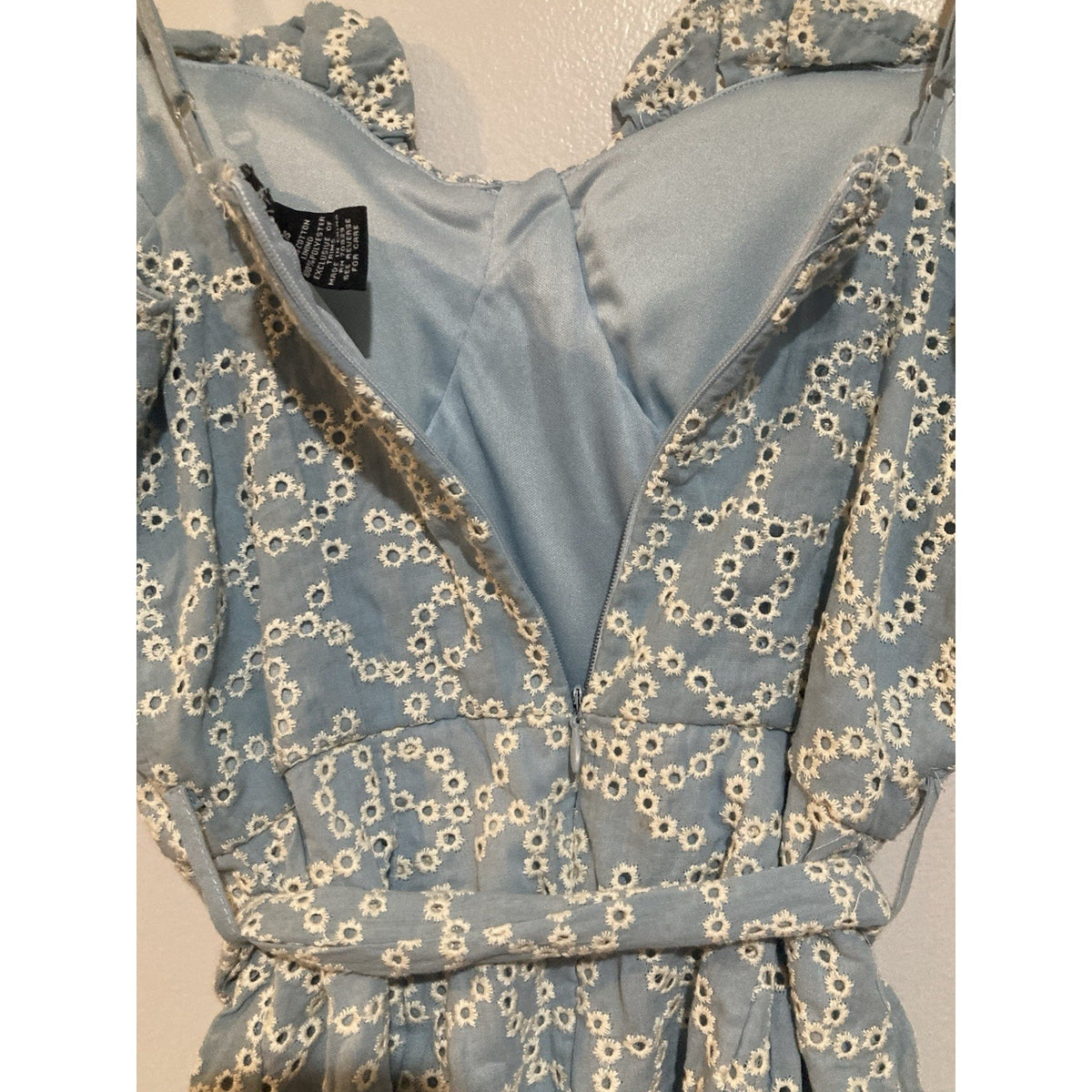 Rue21 Light Blue Eyelet Ruffle Tie Waist Mini Dress Size XS Sundress Baby Blue