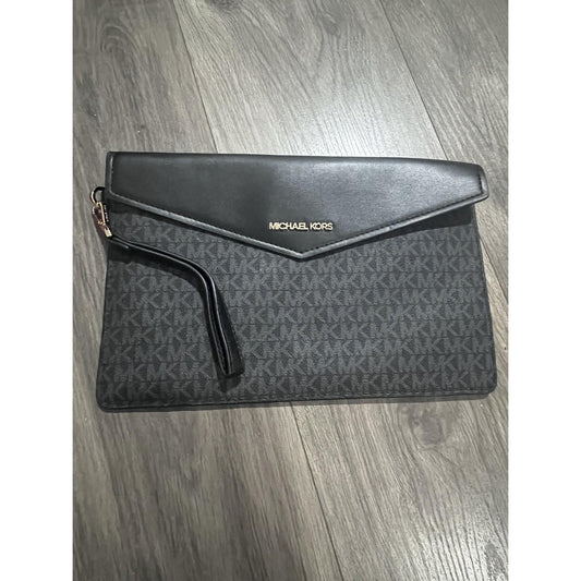 Michael Kors Clutch Womens Small Black Monogram Canvas Leather Detachable Strap
