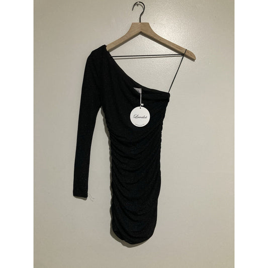Luvalot One Shoulder Ruched Sparkle Black Mini Dress US Size 2 NWT