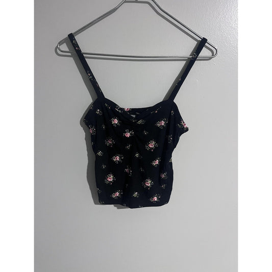 Forever 21 Tank Womens S Black Floral Camisole Ruffle Strappy Sleeve Lightweight